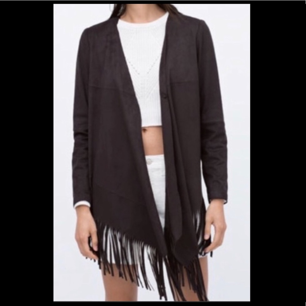 Zara waterfall fringe black faux suede jacket